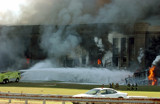 Firefighting crews responding to the Pentagon after it was attacked on September 11, 2001. (Credit: National Archives and Records Administration)